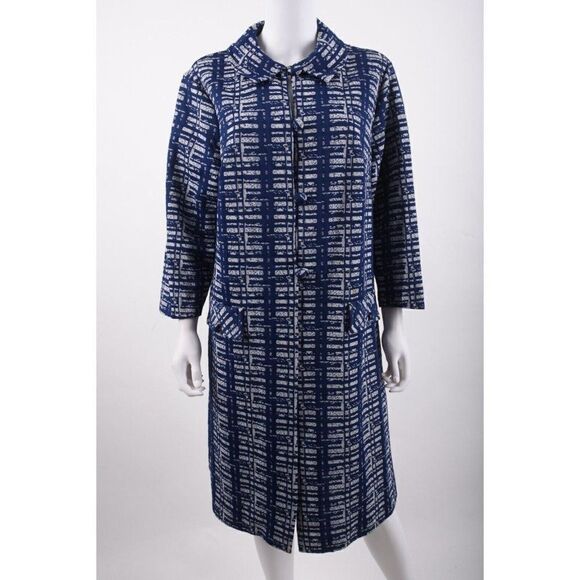 Vintage 1970s Womens Dress + OverCoat Jacket Navy Blue White Patterned M L - Picture 1 of 13